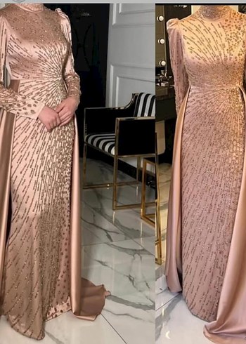 Drapeli Yüksek Yakalı Uzun Kollu Altın Renk Abiye - Görsel 7