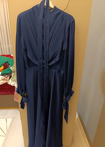 Lacivert Kadın Uzun Drapeli Elbise - Görsel 2