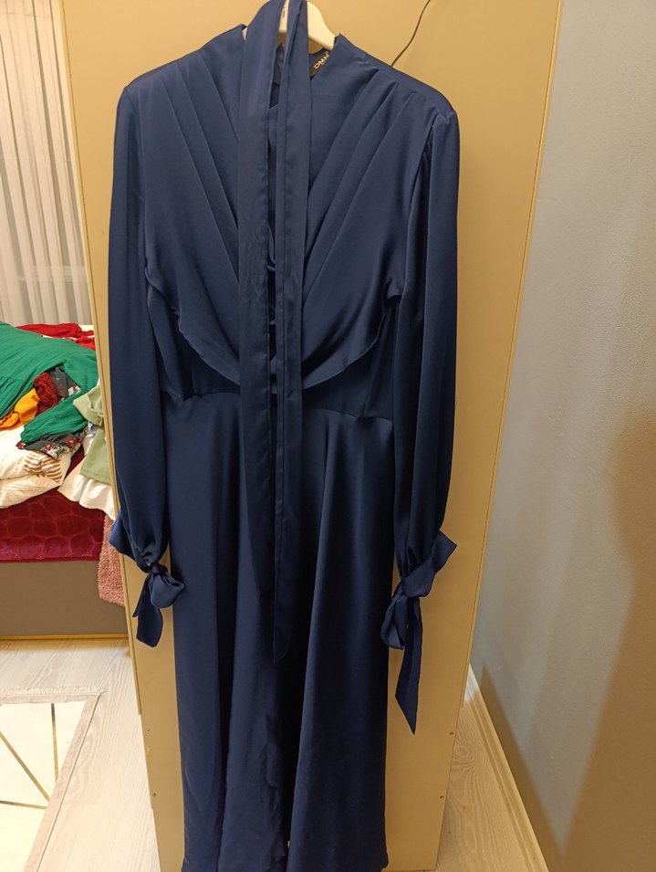 Lacivert Kadın Uzun Drapeli Elbise - Görsel 2