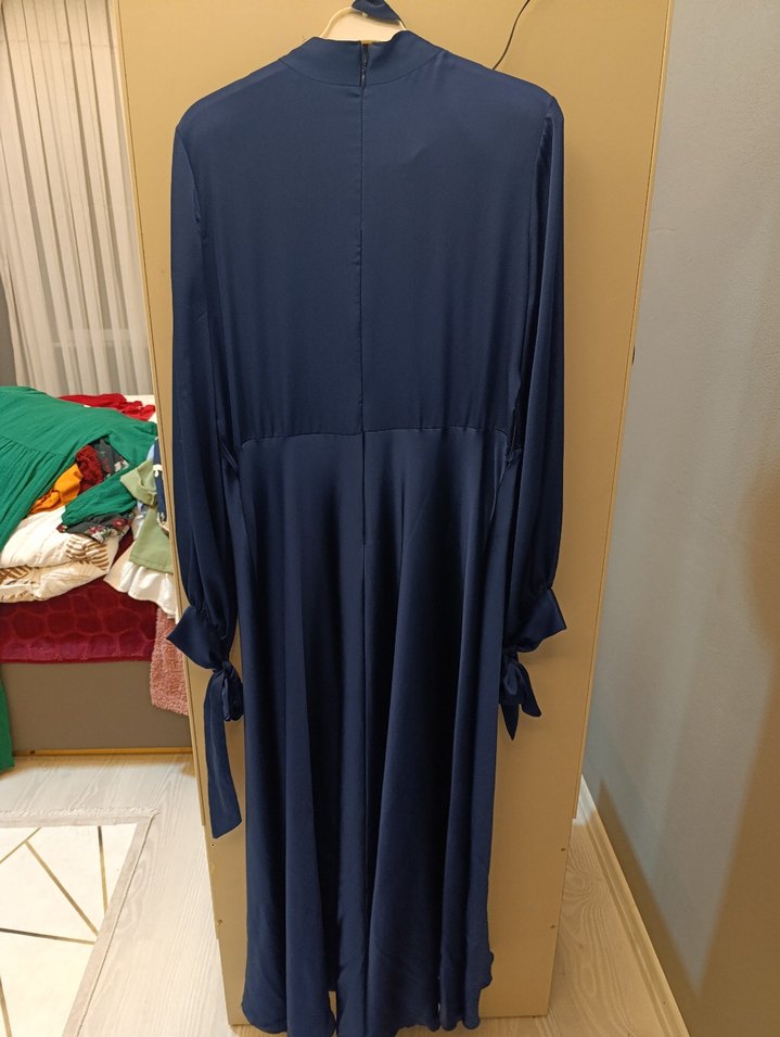 Lacivert Kadın Uzun Drapeli Elbise - Görsel 4