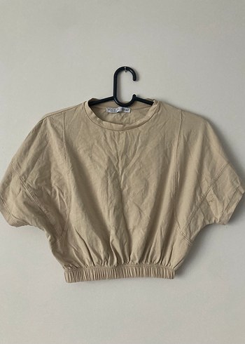 Bej Keten Crop Top, Kısa Kollu, Salaş Kesim