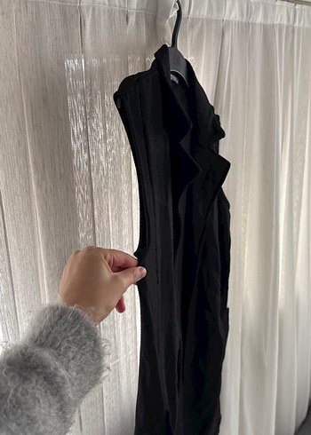 Siyah Kemerli Kolsuz Midi Kadın Yelek - Görsel 3