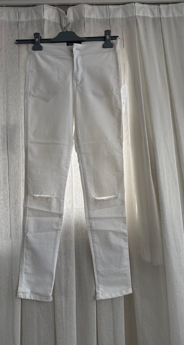 Beyaz Midi Kesim Yırtmaçlı Kadın Kot Pantolon yeni - Görsel 2