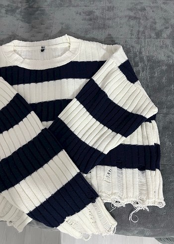 Kadın Çizgili Pamuklu Triko Kazak - Görsel 3