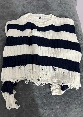 Kadın Çizgili Pamuklu Triko Kazak - Görsel 2