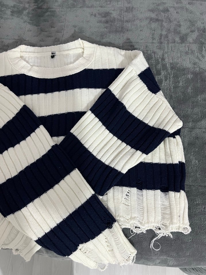 Kadın Çizgili Pamuklu Triko Kazak - Görsel 3