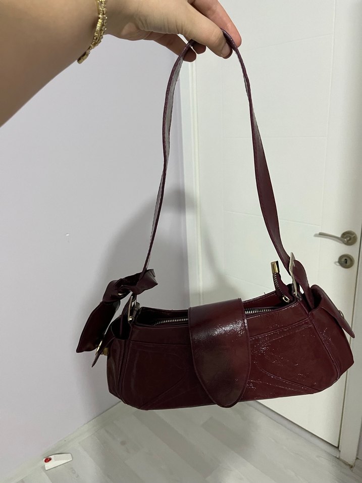 Bordo Parlak Deri Kadın Omuz Çantası - Görsel 2