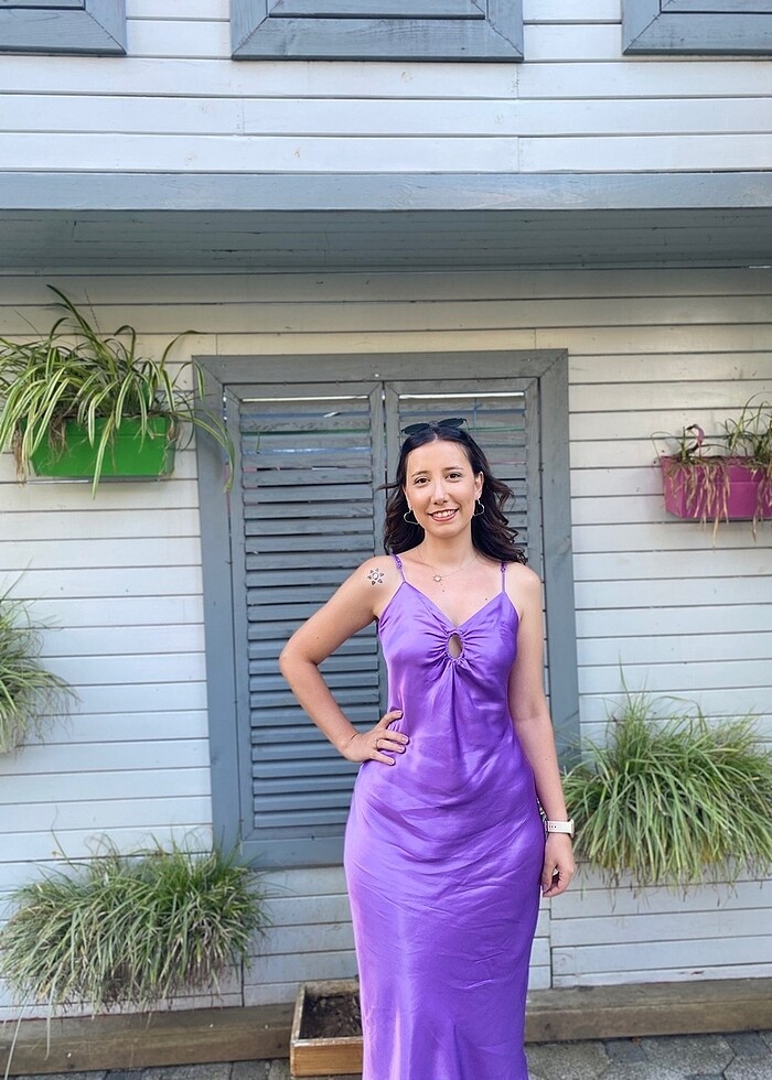 Lila saten elbise - Görsel 2