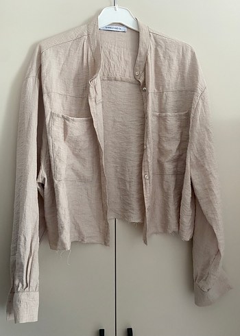 Bej Keten Kadın Gömlek Uzun Kollu - Görsel 2