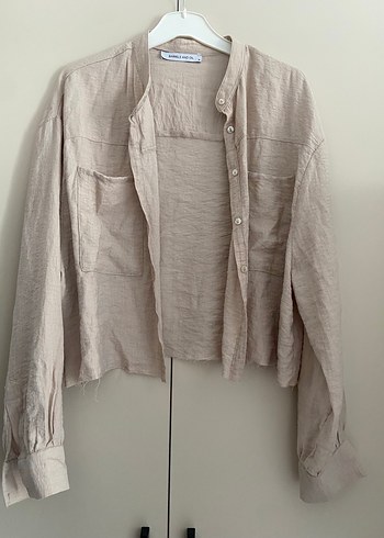 Bej Keten Kadın Gömlek Uzun Kollu - Görsel 3