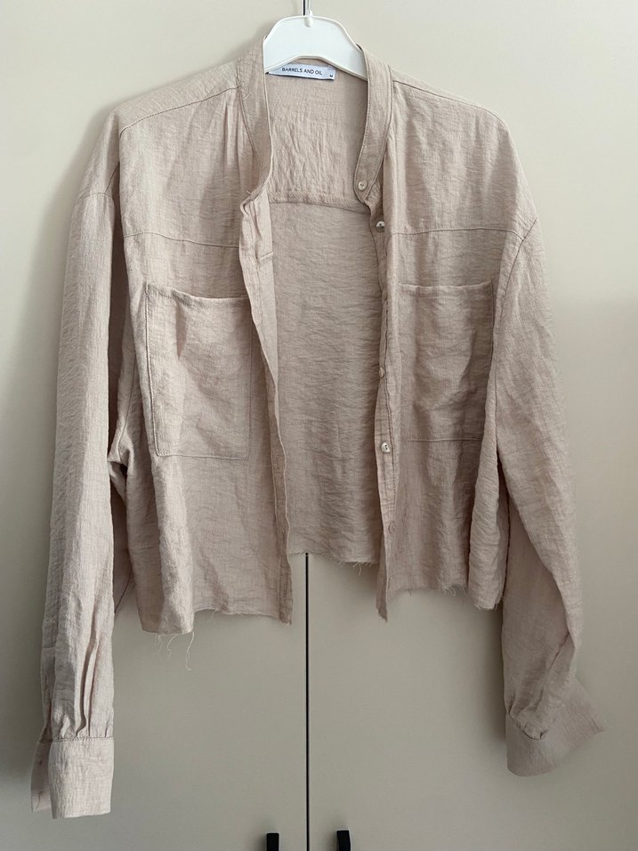 Bej Keten Kadın Gömlek Uzun Kollu - Görsel 2