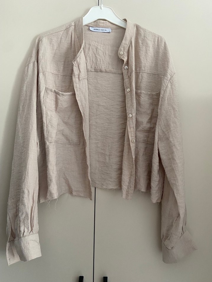 Bej Keten Kadın Gömlek Uzun Kollu - Görsel 3