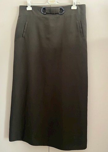 Haki Uzun Kadın Etek, Kemerli, Ofis Şıklığı - Görsel 3