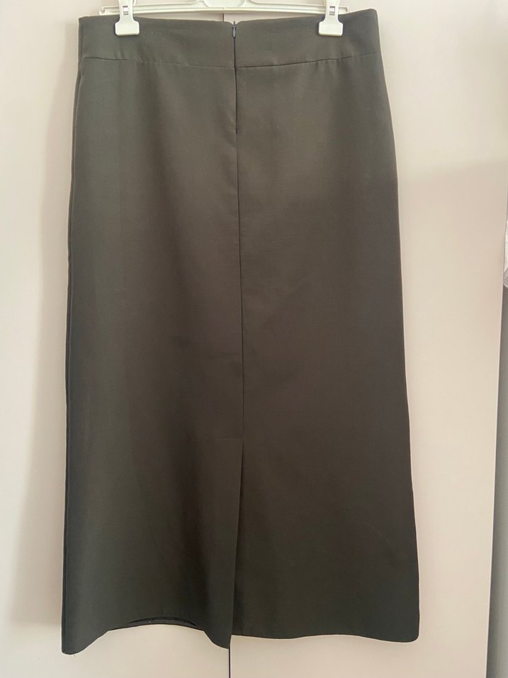 Haki Uzun Kadın Etek, Kemerli, Ofis Şıklığı - Görsel 4