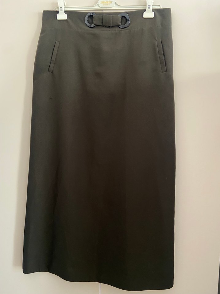 Haki Uzun Kadın Etek, Kemerli, Ofis Şıklığı - Görsel 3