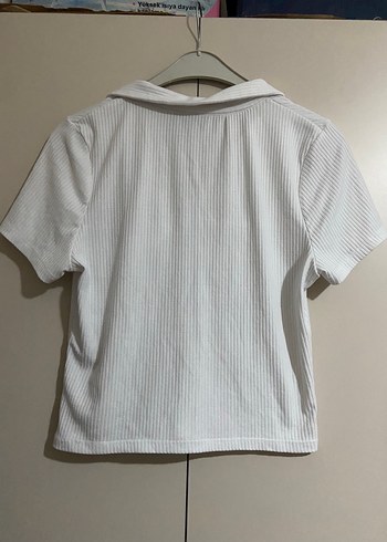 Düğmeli V Yaka beyaz Kısa Kollu Kadın bluz - Görsel 4