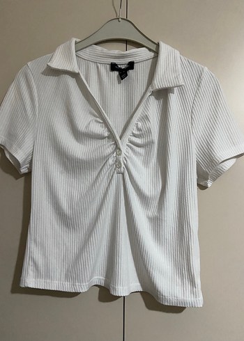 Düğmeli V Yaka beyaz Kısa Kollu Kadın bluz - Görsel 2