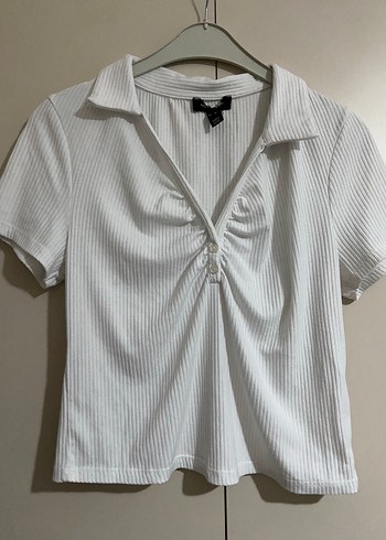 Düğmeli V Yaka beyaz Kısa Kollu Kadın bluz - Görsel 3