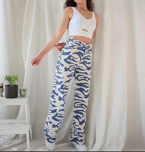 Zebra desenli wide leg jean