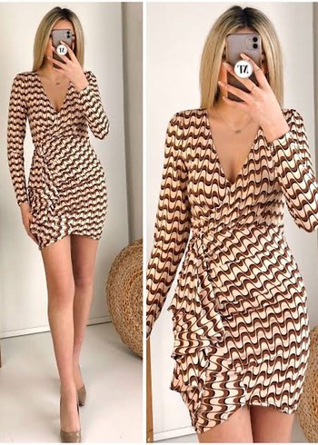 V Yaka Kahverengi Zebra Desenli Mini Elbise - Görsel 2