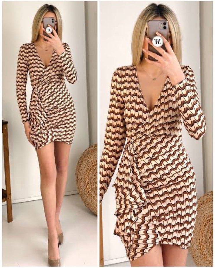 V Yaka Kahverengi Zebra Desenli Mini Elbise - Görsel 2