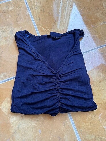 Lacivert önü büzgülü detaylı bluz