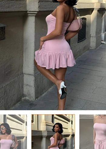 Bershka Pembe Straplez Mini Elbise