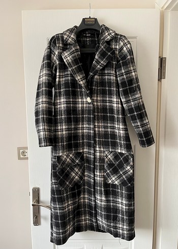 Düğmeli Gri Ekose Midi Kadın Kaban - Görsel 3