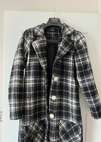 Düğmeli Gri Ekose Midi Kadın Kaban - Görsel 2