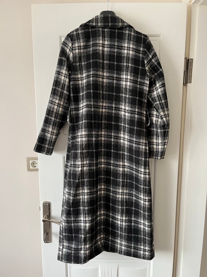 Düğmeli Gri Ekose Midi Kadın Kaban - Görsel 4