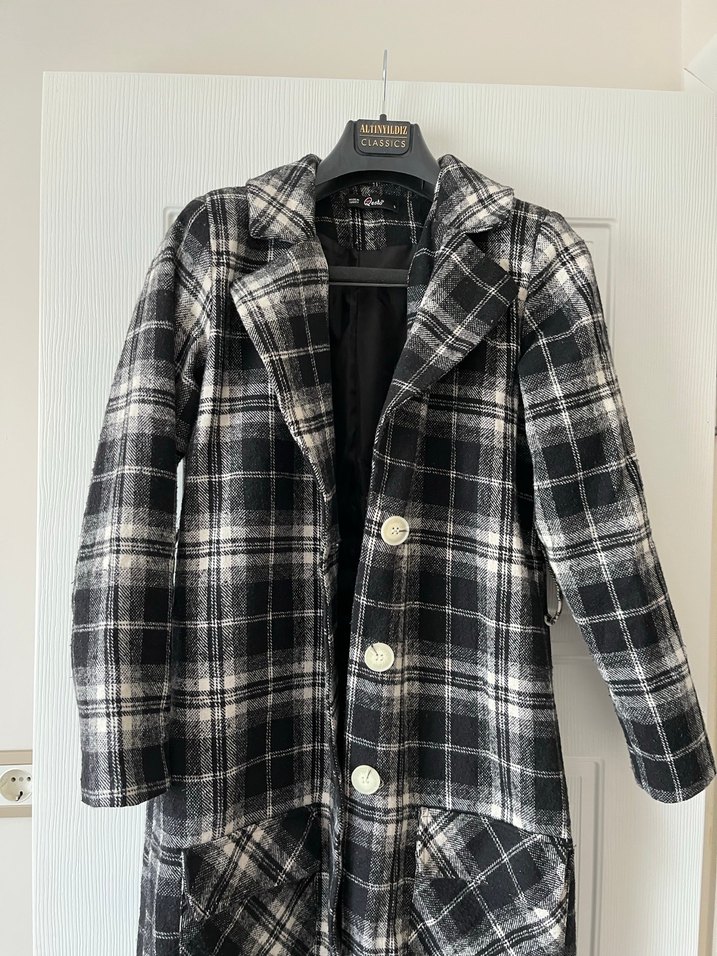 Düğmeli Gri Ekose Midi Kadın Kaban - Görsel 2