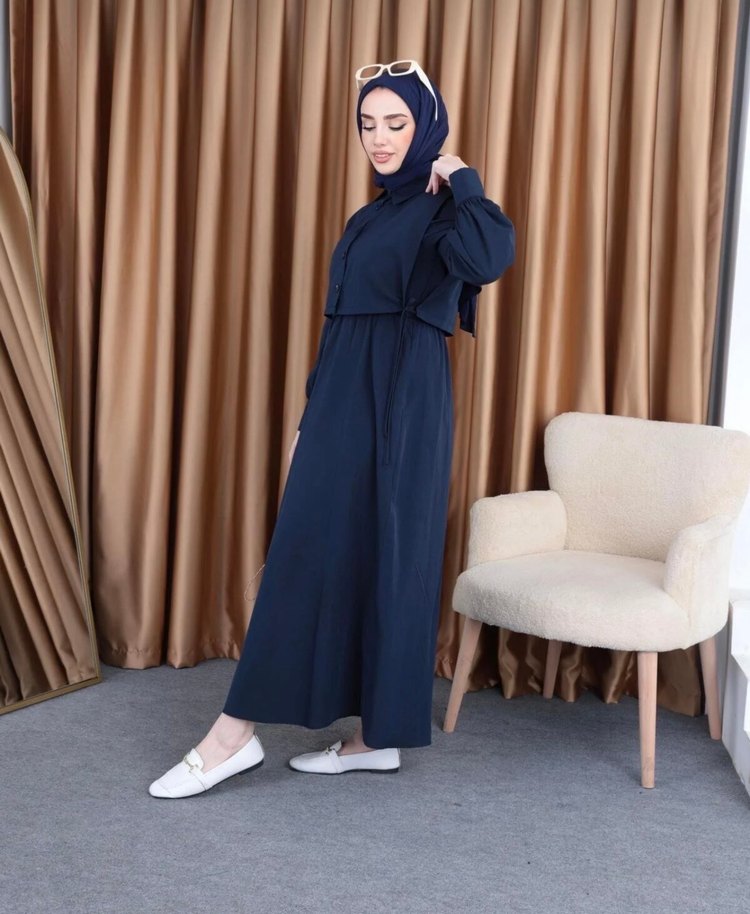 Lacivert Bolerolu Tesettür Elbise - Görsel 2