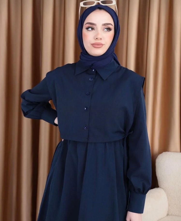 Lacivert Bolerolu Tesettür Elbise - Görsel 3
