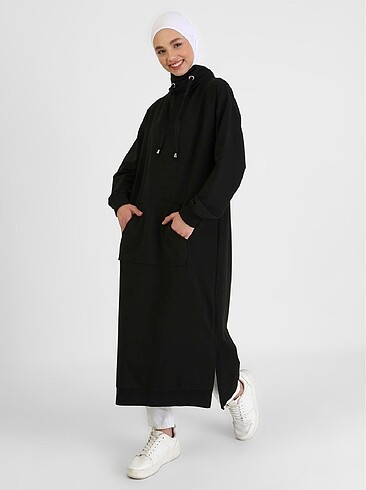 Boğazlı Yaka Cepli Uzun Sweatshirt