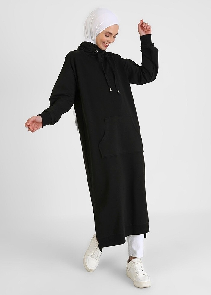 Boğazlı Yaka Cepli Uzun Sweatshirt - Görsel 2