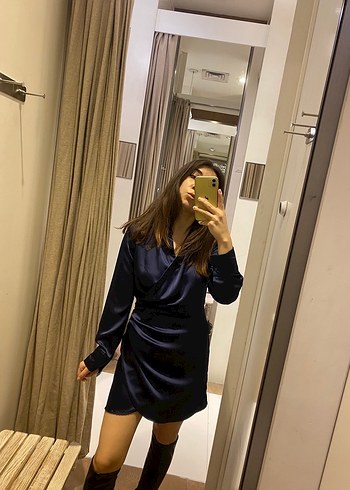 Kadın Lacivert Midi Saten Elbise stradi - Görsel 3