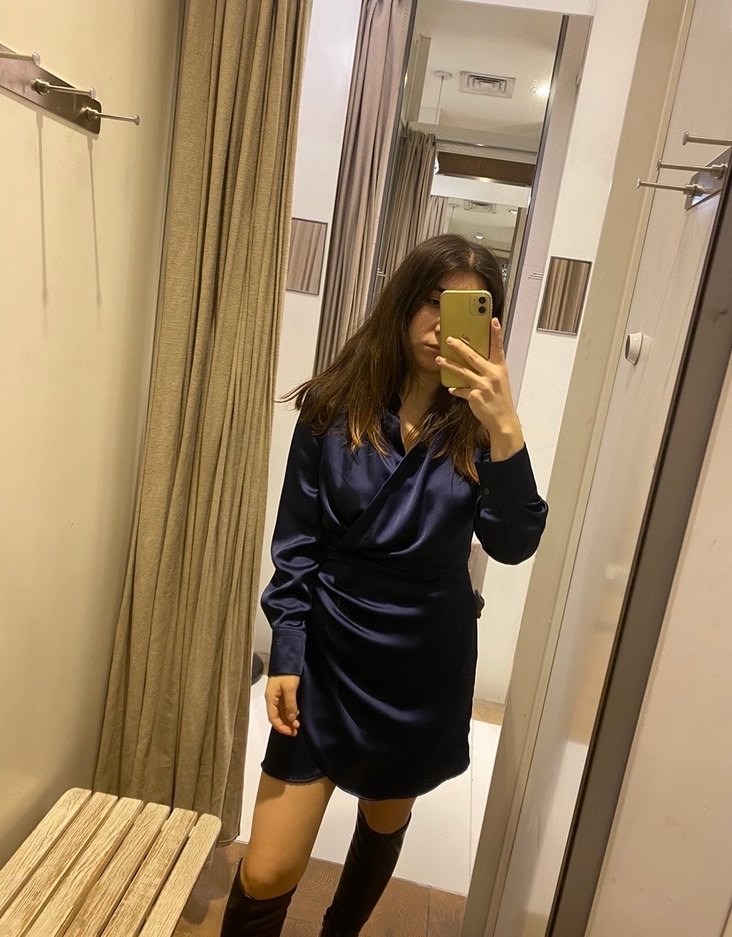 Kadın Lacivert Midi Saten Elbise stradi - Görsel 2