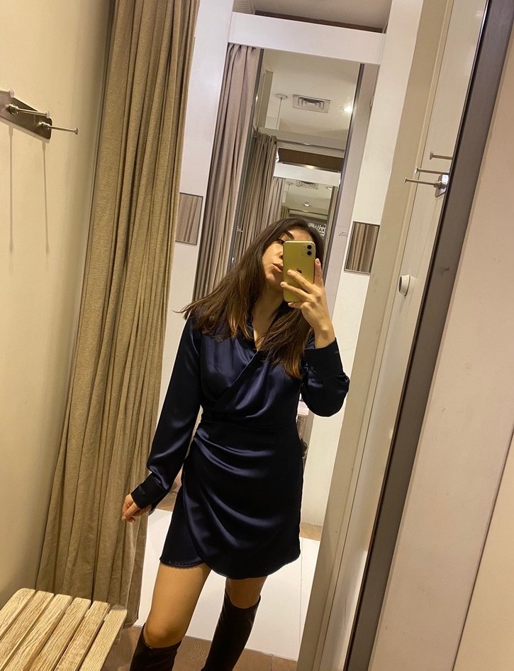 Kadın Lacivert Midi Saten Elbise stradi - Görsel 3