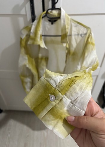 s Beden Şeffaf Sarı Batik Desenli Kadın Keten karışım Gömlek
