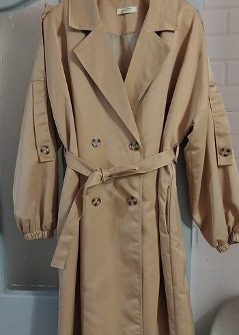 Bej Düğmeli Uzun Kadın Trençkot - Görsel 2