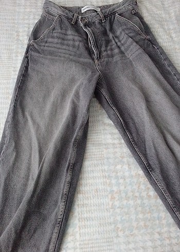 Gri Bol Kesim Midi Denim Kadın Jean