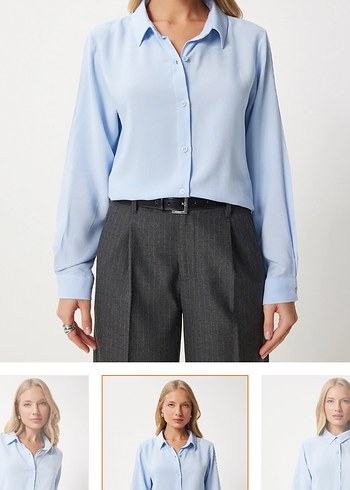 Düğmeli Uzun Kollu mavi Kadın Gömlek - Görsel 2