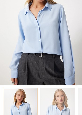 Düğmeli Uzun Kollu mavi Kadın Gömlek - Görsel 3