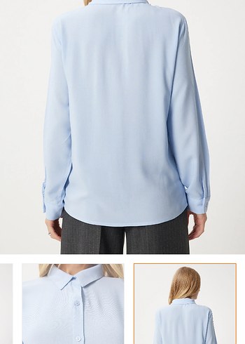 Düğmeli Uzun Kollu mavi Kadın Gömlek - Görsel 5
