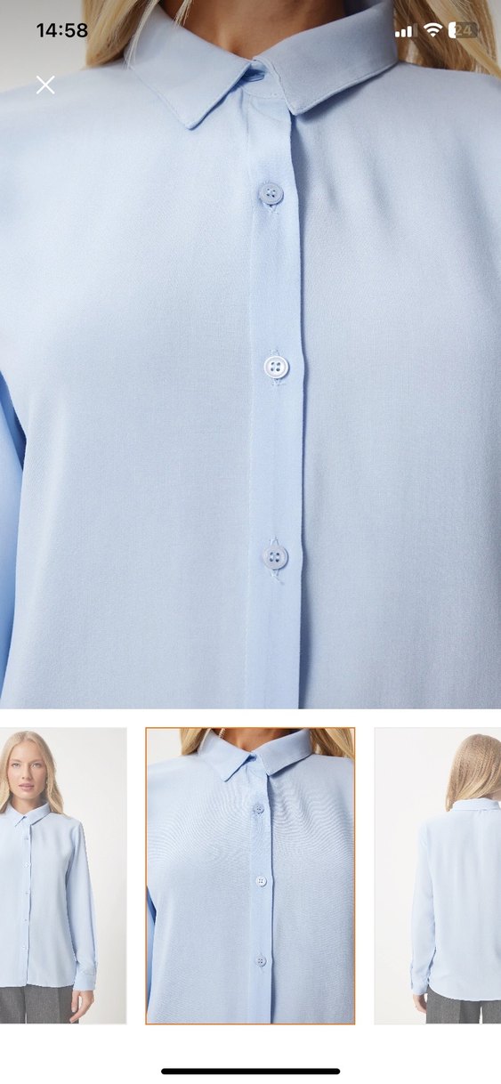 Düğmeli Uzun Kollu mavi Kadın Gömlek - Görsel 4