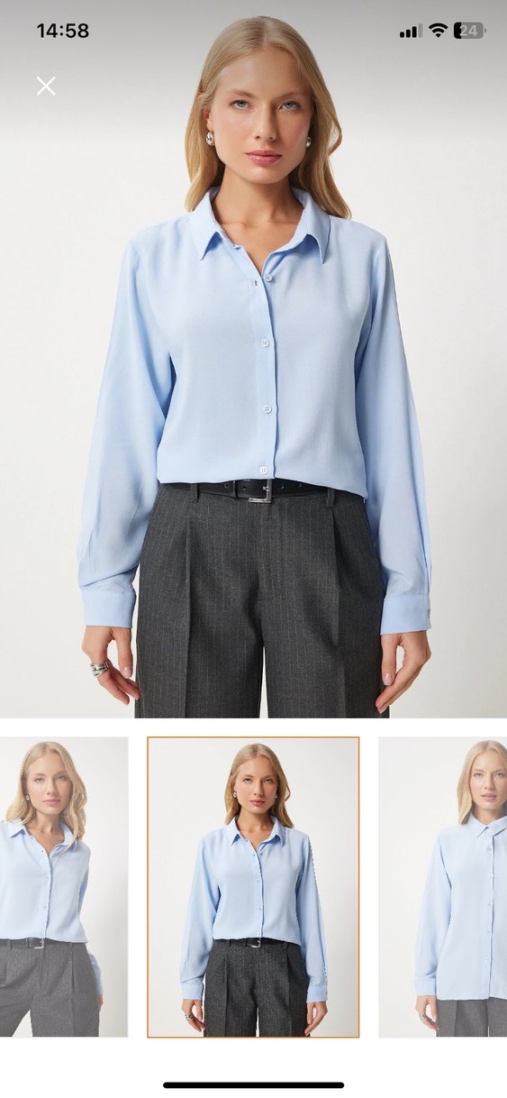 Düğmeli Uzun Kollu mavi Kadın Gömlek - Görsel 2