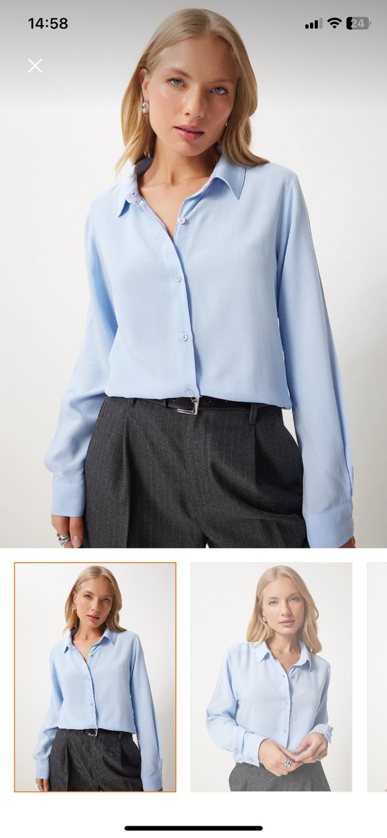 Düğmeli Uzun Kollu mavi Kadın Gömlek - Görsel 3