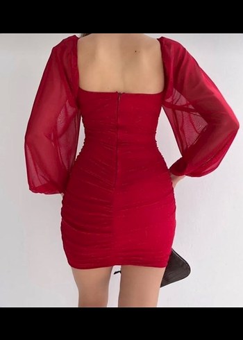 Kırmızı Drapeli Straplez Mini Elbise - Görsel 3