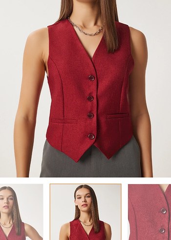 Bordo Düğmeli V Yaka Kadın Yelek - Görsel 3
