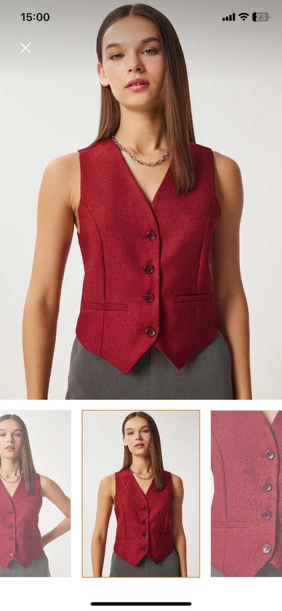 Bordo Düğmeli V Yaka Kadın Yelek - Görsel 3